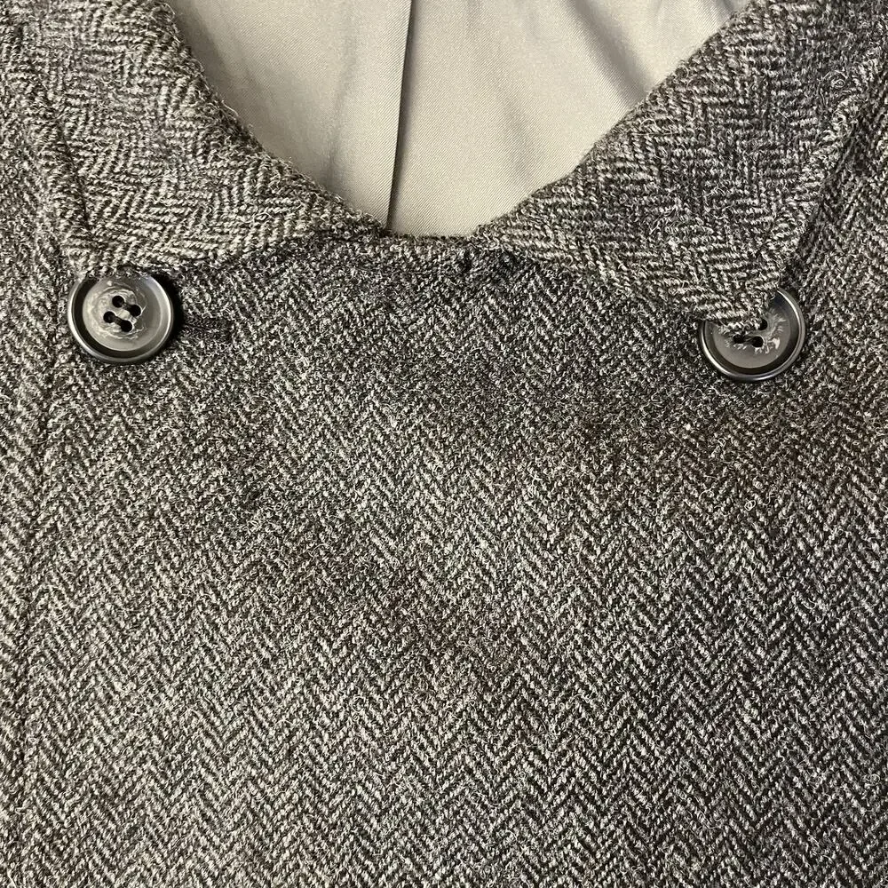 Men's Gray Double Breast Wool Blend Pea Coat Size XL Herringbone Tweed